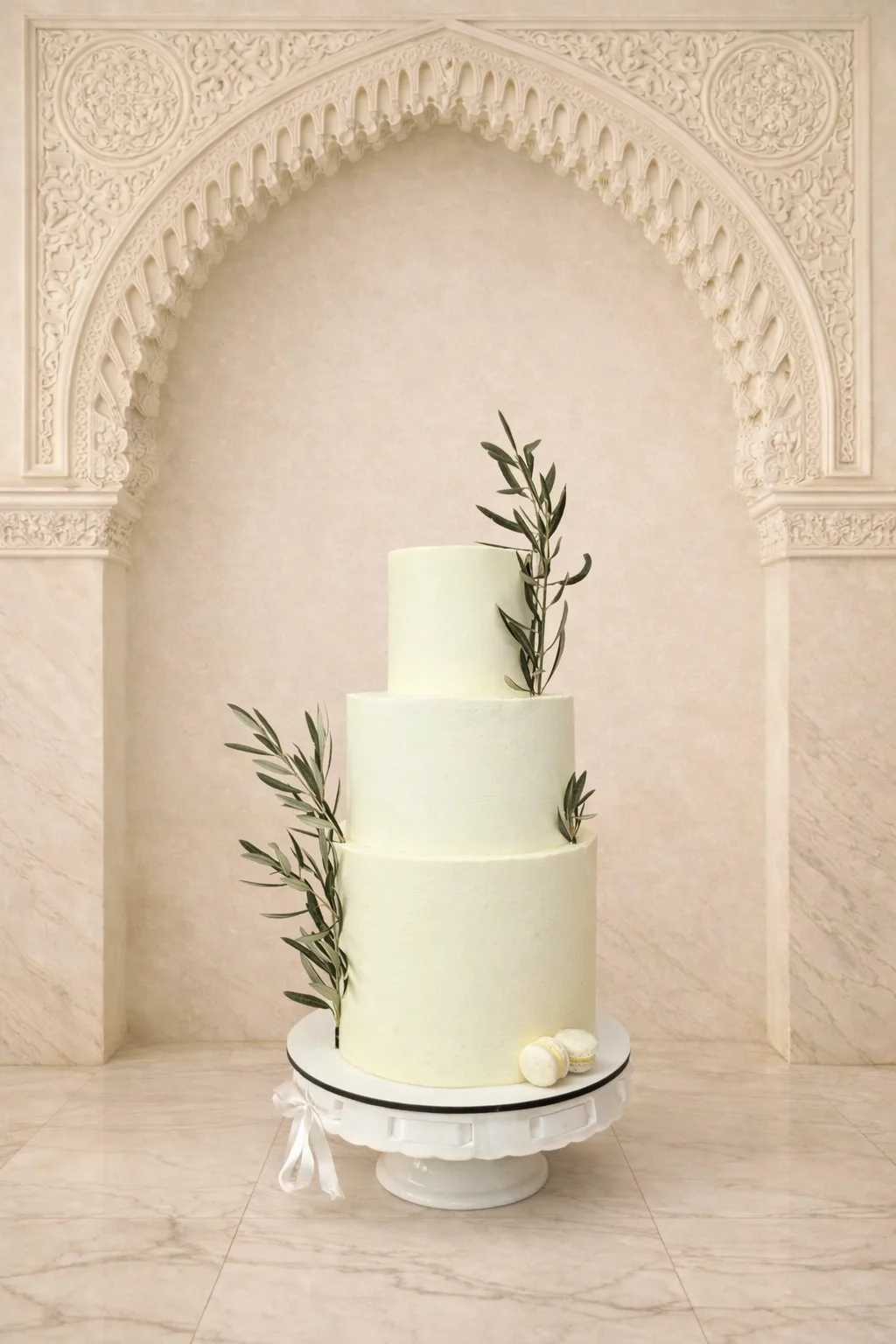 Tarta de boda mediterránea de tres pisos con ramas de olivo natural y acabado liso para bodas exclusivas en Granada.