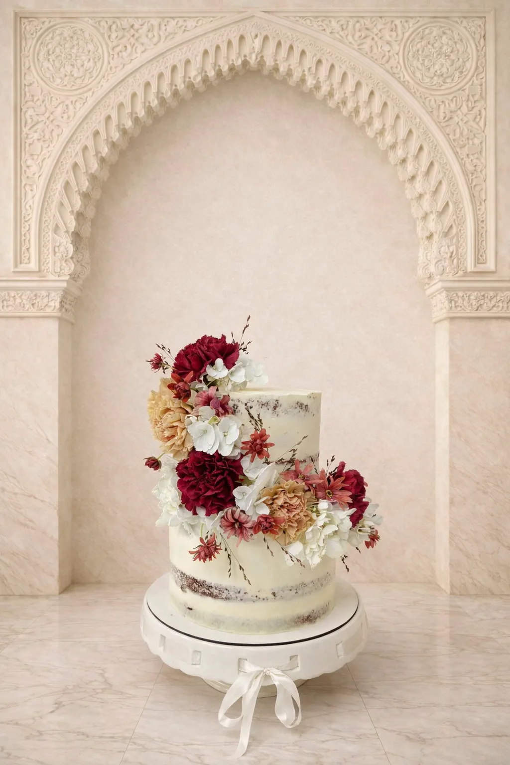 Tarta de boda semi naked decorada con flores románticas en tonos burdeos, marfil y rosa empolvado para bodas elegantes en Granada.